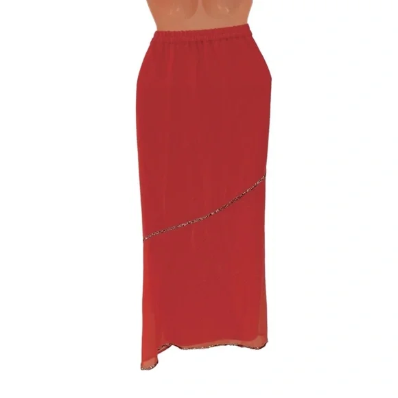 ASHRO Bead Trimmed Georgette Tangerine Orange Midi Skirt Set Wedding Guest Dress - Picture 12 of 16